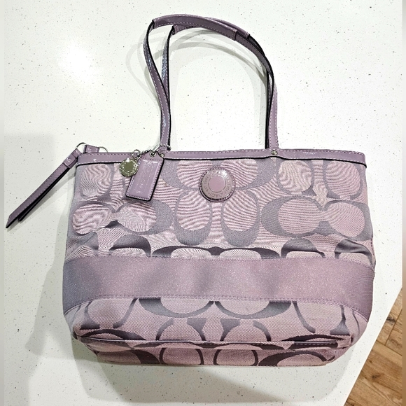 Coach Handbags - Coach Signature Stripe Tote Bag purse, Lavender with patent leather trim F19046
